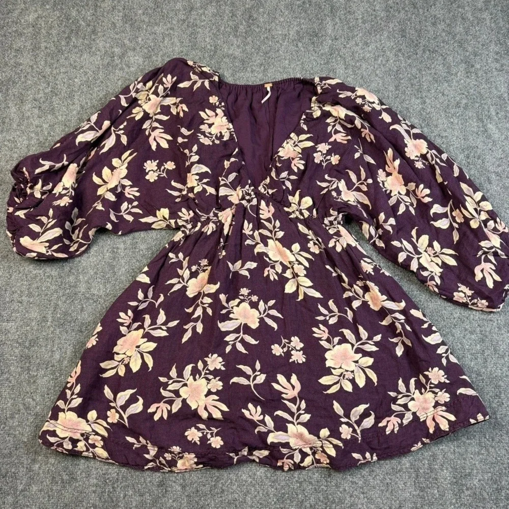 Free People Portia Floral Mini Dress Womens Small Purple Linen Boho Cottagecore